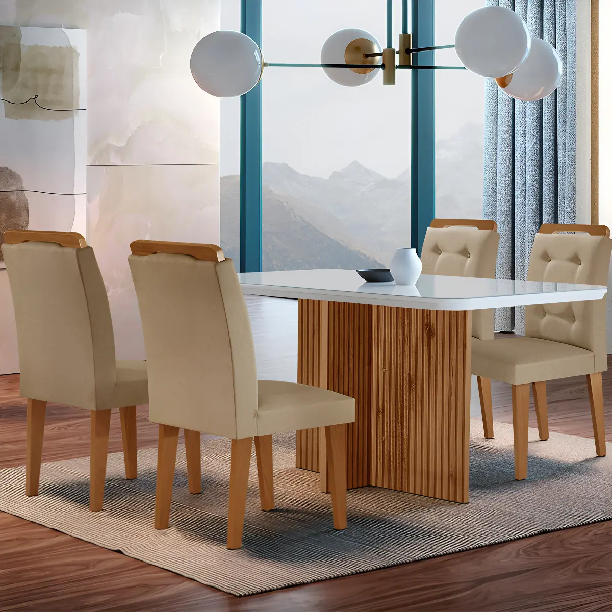 Sala De Jantar Olímpia Mdf E Vidro Com 4 Cadeiras Carol Cor Turim / Off White / Imbuia