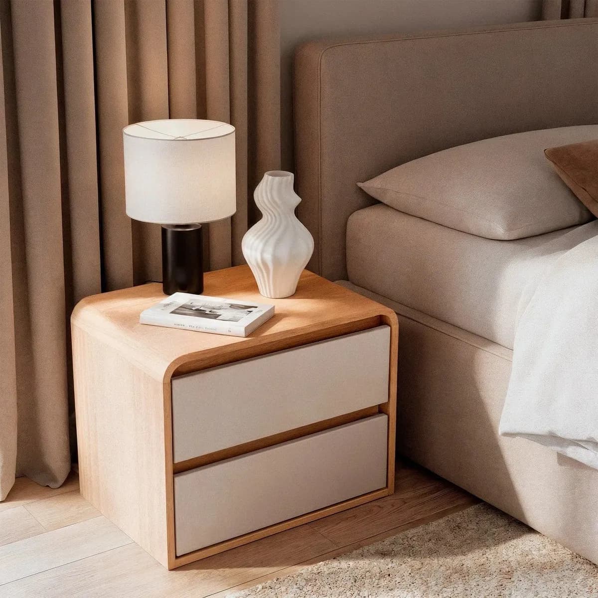 Mesa De Cabeceira 2 Gavetas Aurora Carvalho Nature/off White