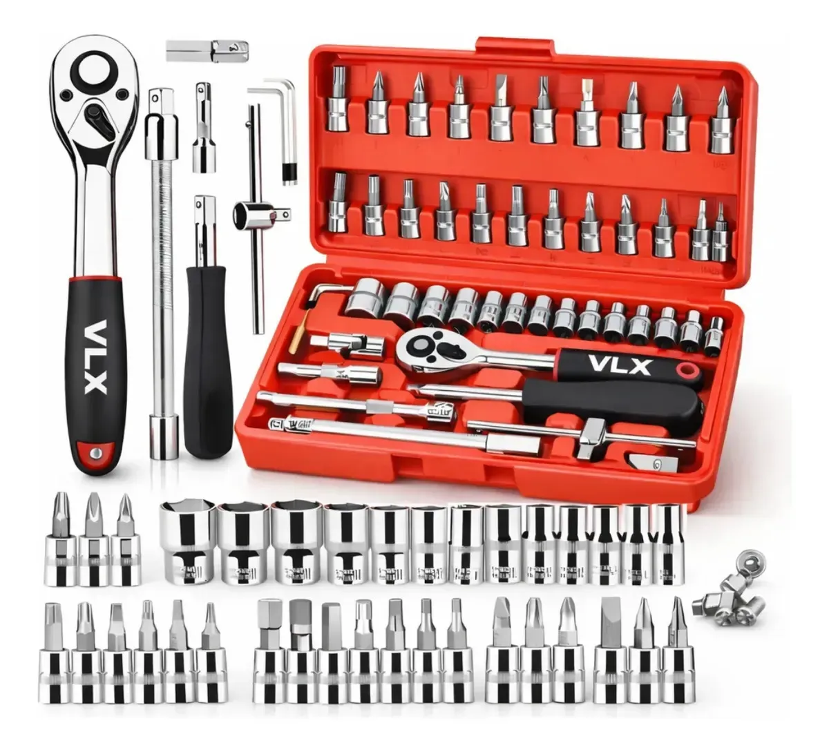 Jogo De Soquete 1/4 VLX Aço Cromo Com Catraca E Maleta Vermelha