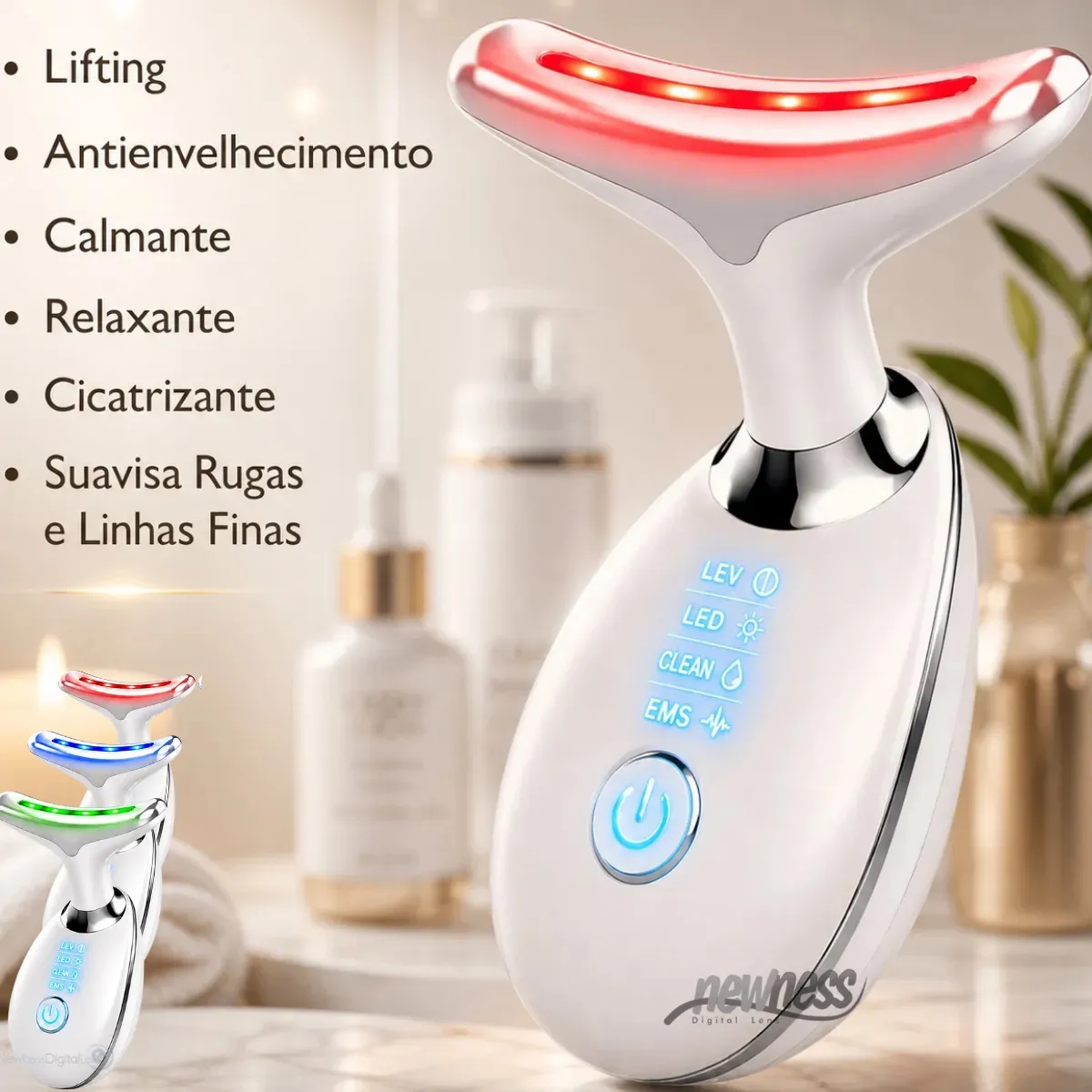 Massageador Facial Lifting De Pescoço e Rosto LED Vibração Fototerapia Para Rejuvenescer Firmeza Anti-Rugas Aparelho Redutor de Papada Lift Mascara Led Facial MARCA Newness Digital Lens