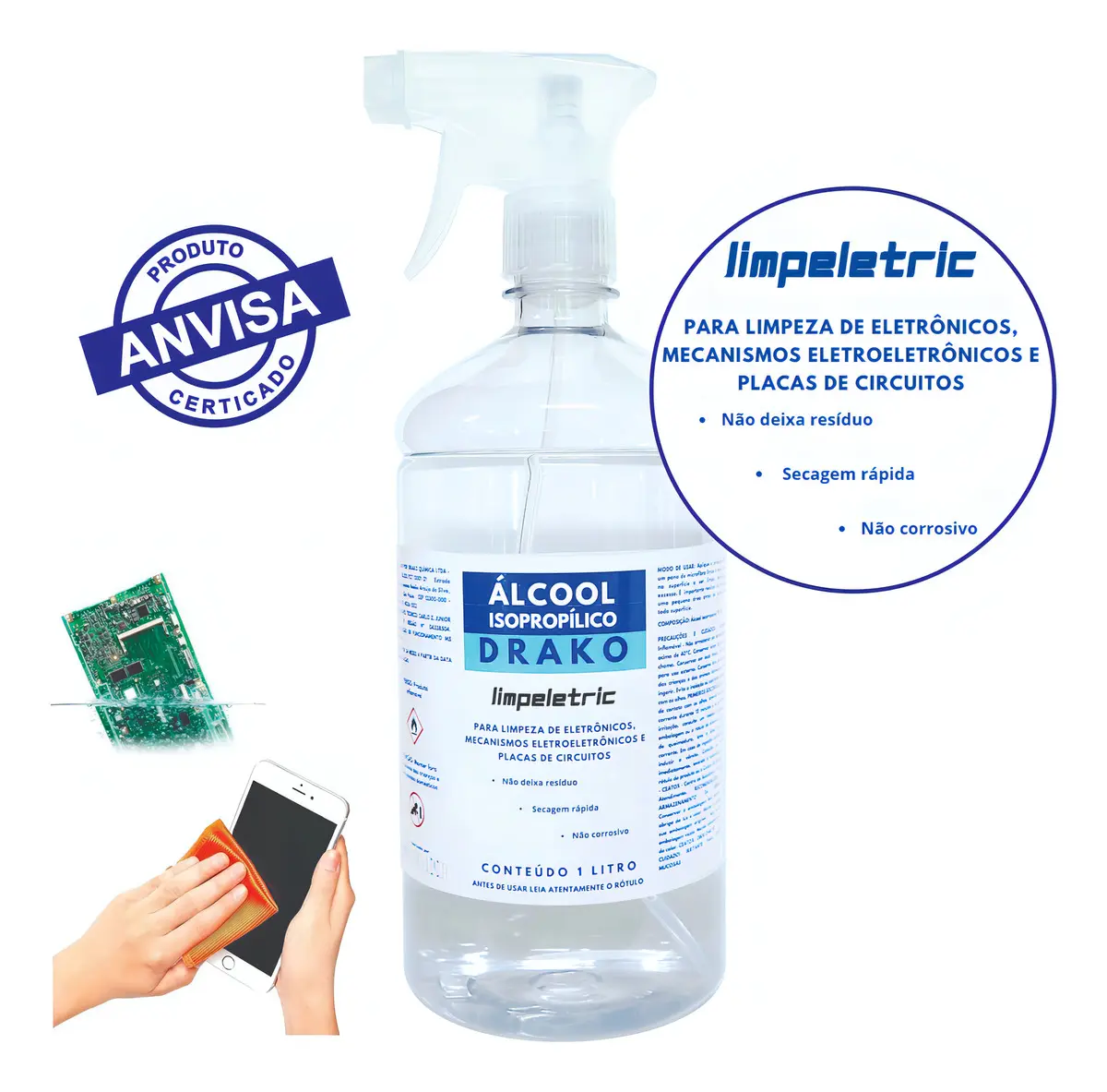 Álcool Isopropílico Drako 99,8% 1L Limpeza Eletrônicos Borrifador