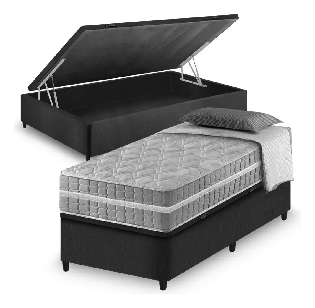Cama Box Com Baú Preta Solteiro King + Colchão Alabama 96cm Preto