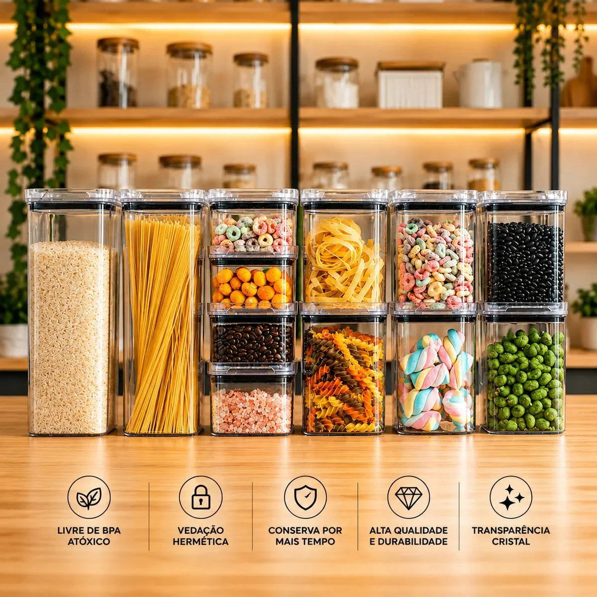 Kit Potes Porta Mantimento Hermético Quadrado Cozinha 12 Uni
