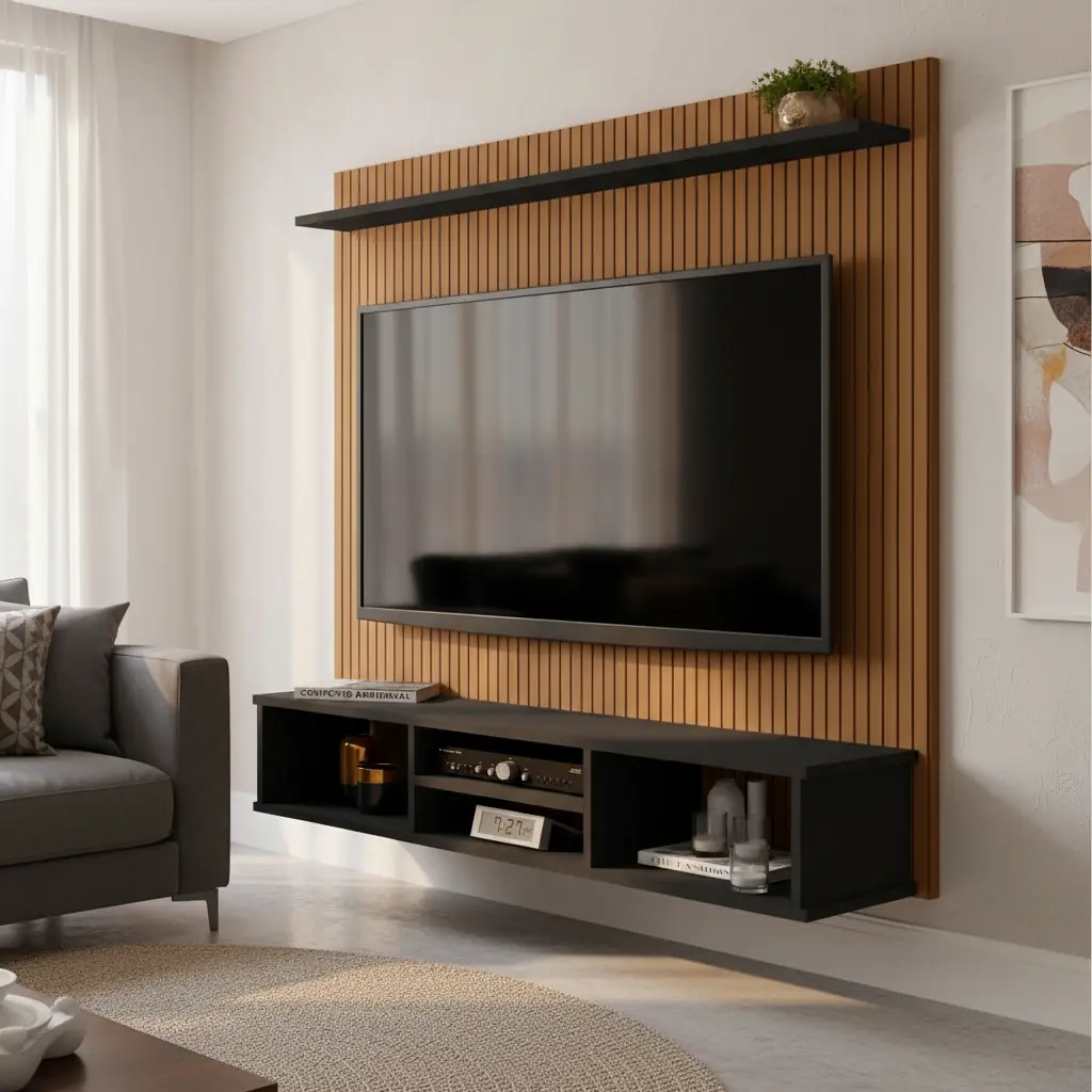 Painel TV Ripado Preto 3D com Nichos e Prateleira 50 Polegadas