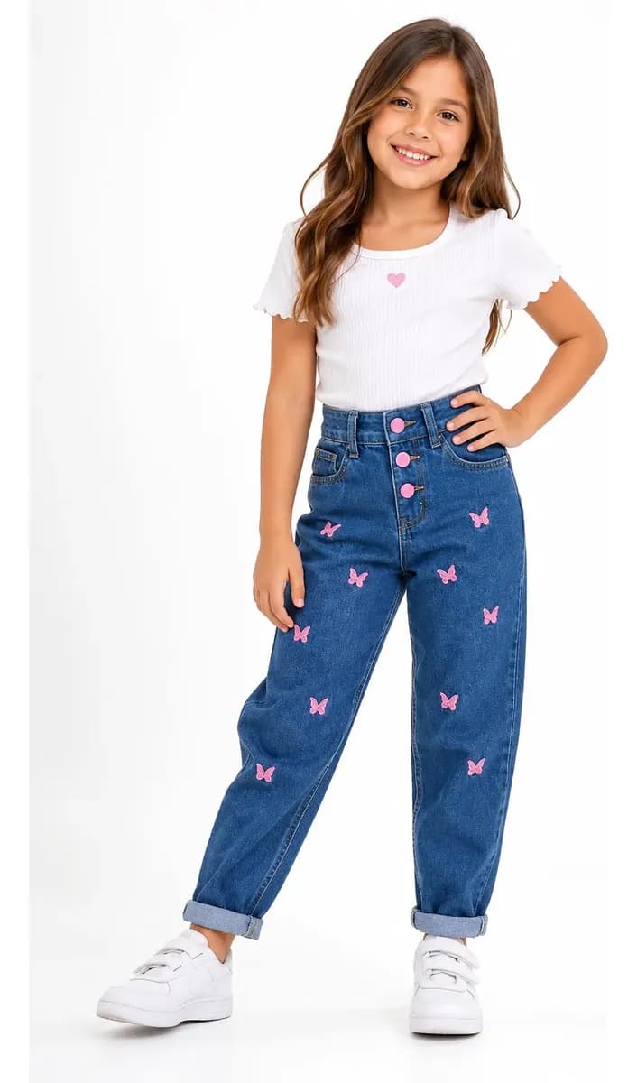 Calça Jeans Mom Infantil Menina Borboleta Bordada Cós Alto
