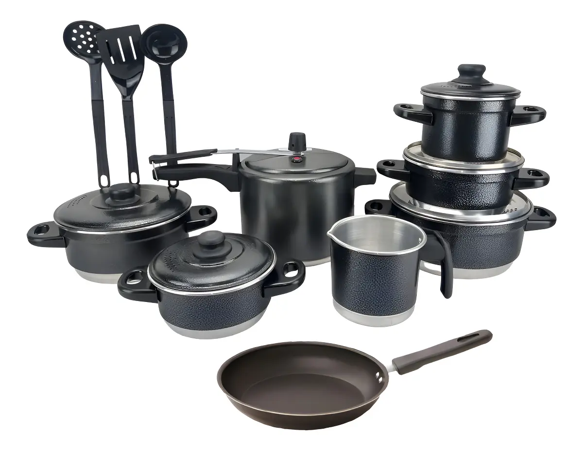 Jogo de Panelas Extra Forte Luxo 12 Peças com Panela de Pressão e Frigideira Antiaderente Preto Craqueado