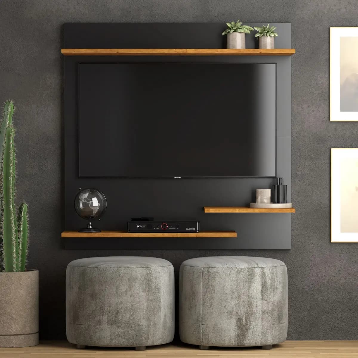 Painel Suspenso Preto/Nature Para TV Até 32" Com Prateleiras MDP