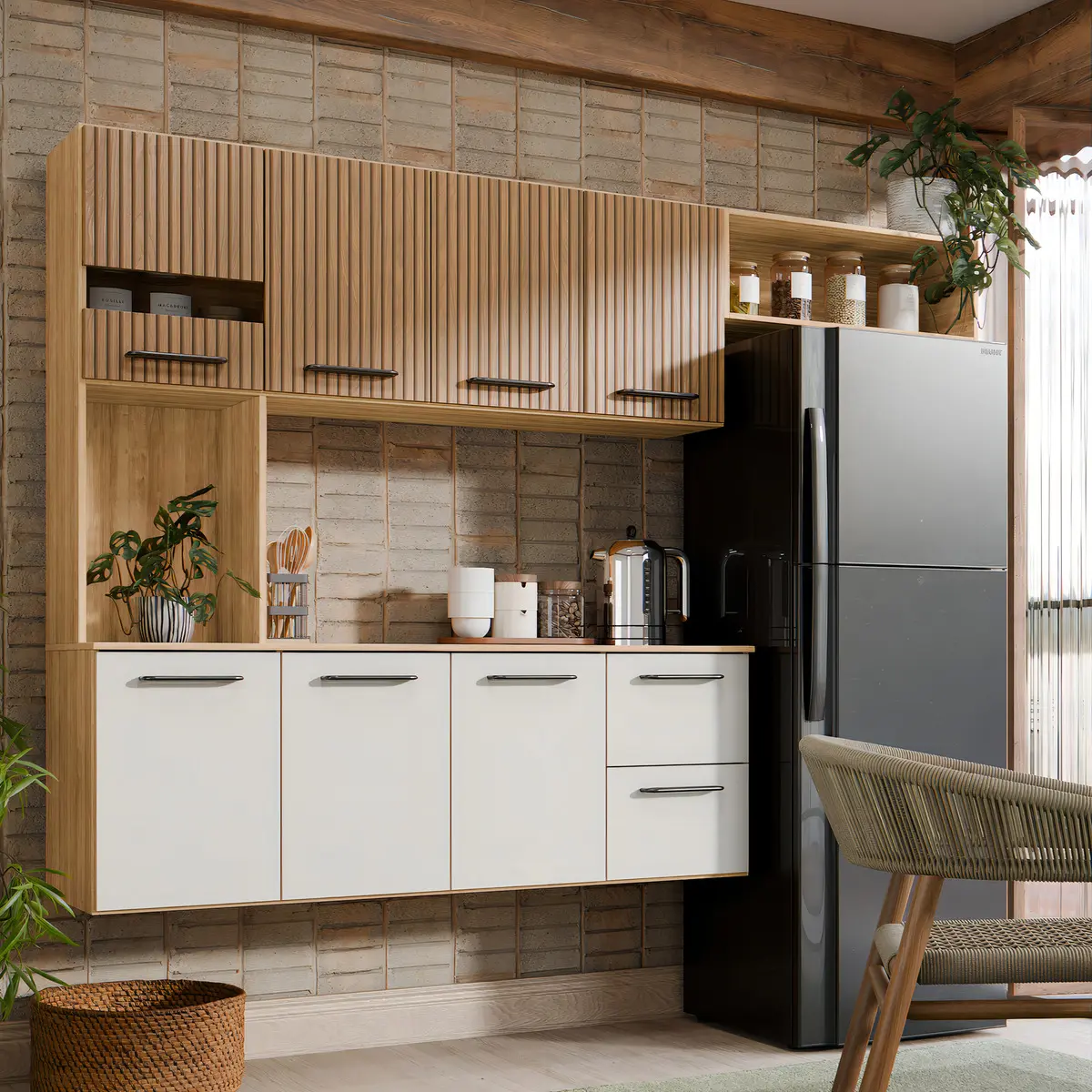 Armário de Cozinha Completa Aéreo 7 Portas e 2 Gavetas Planejada Suspenso Branco Off White Ripado 3D Carvalho Nature Amadeirado Juliana