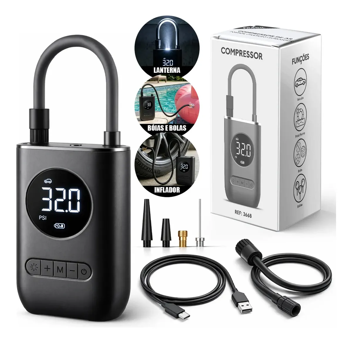 Mini Compressor de Ar Digital Portátil Recarregável USB-C Lumi para Pneus de Carro, Moto e Bicicleta Inflador Elétrico de Bolas e Infláveis Display LCD Alta Pressão Sem Fio Preto