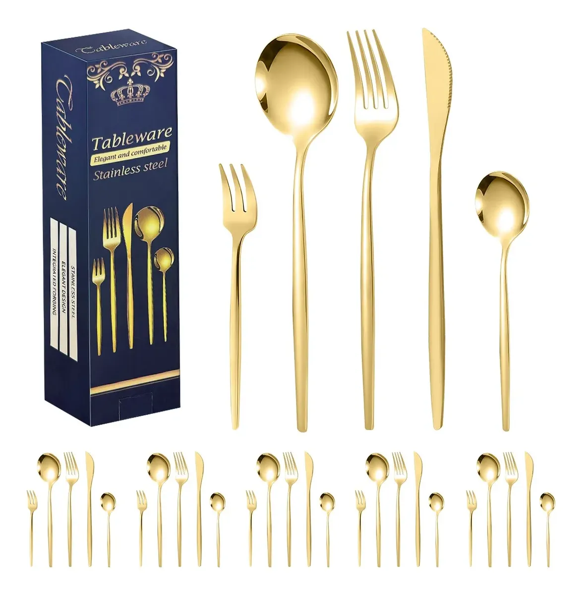 30 Peças De Louça De Aço Inoxidável Dourado Com Caixa De Pre