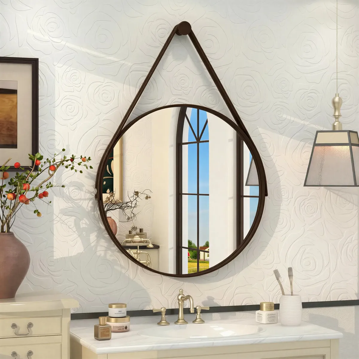 Espelho Redondo 60cm Adnet Alça de Couro Marrom Café Dupla Costura e Suporte em Alumínio Quarto, Banheiro, Sala MF901